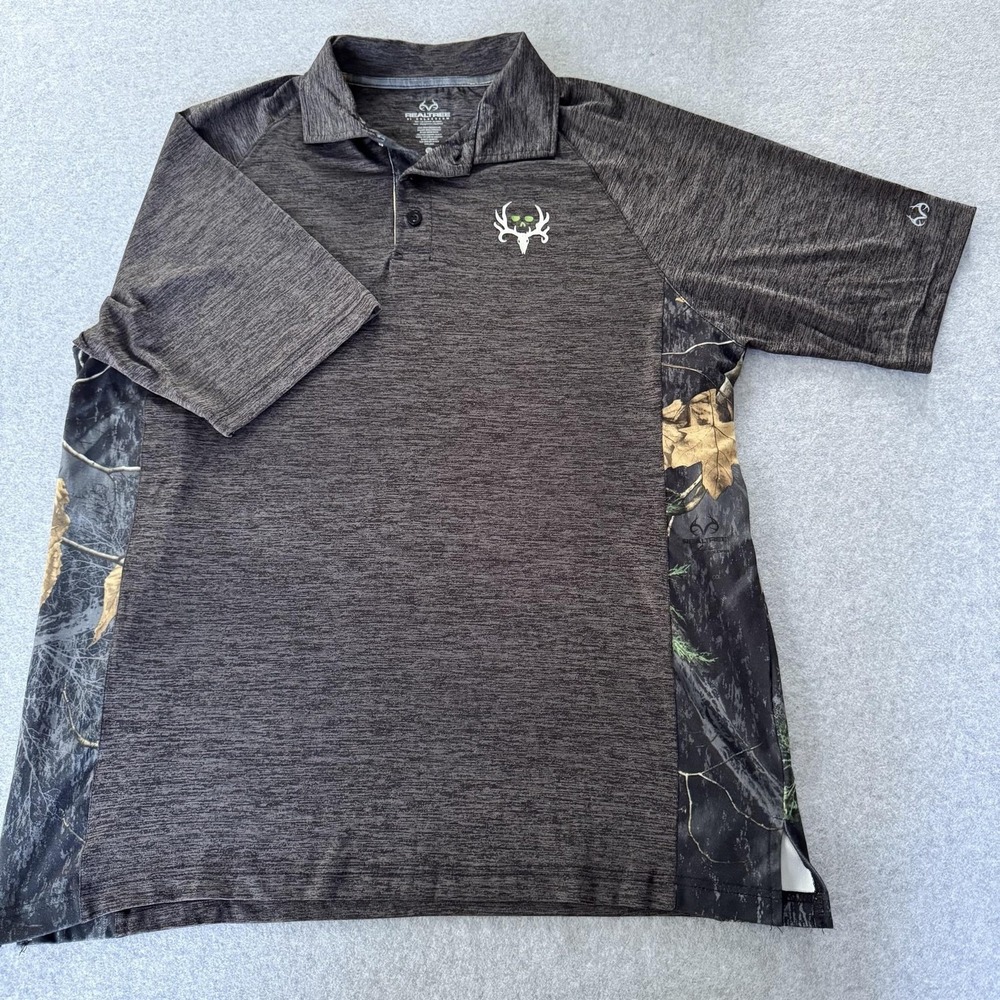 Realtree By Colosseum Polo Shirt Mens M Gray Camo Skull Graphic Stretch Hunting